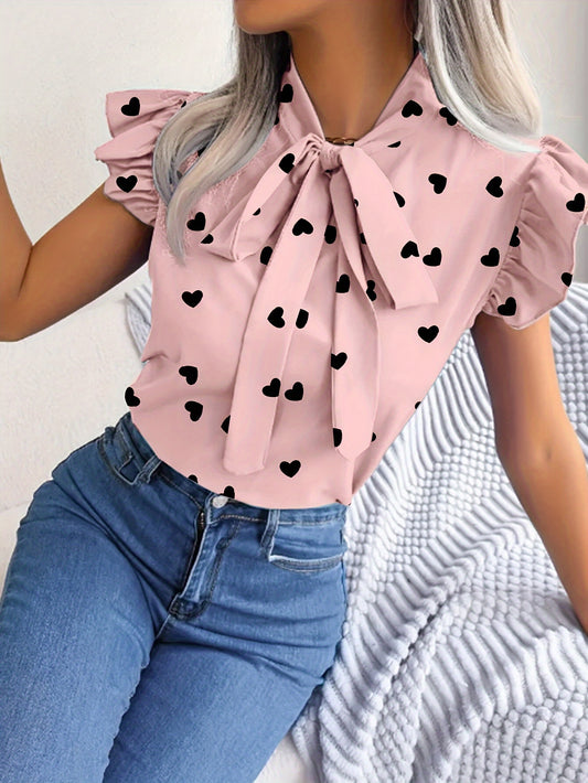 Heart Print Tie Neck Blouse, Casual Ruffle Trim Flutter Sleeve Top For Spring & Summer, Women's Clothing