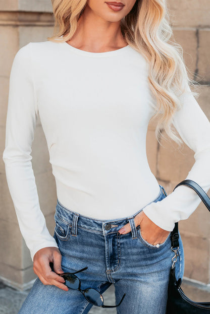 White Ribbed Long Sleeve Crew Neck Solid Color Bodysuit