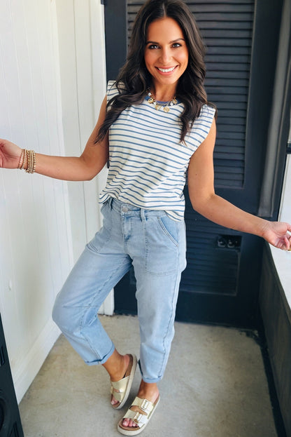 Beau Blue High Rise Barrel Relaxed Patch Pocket Jeans