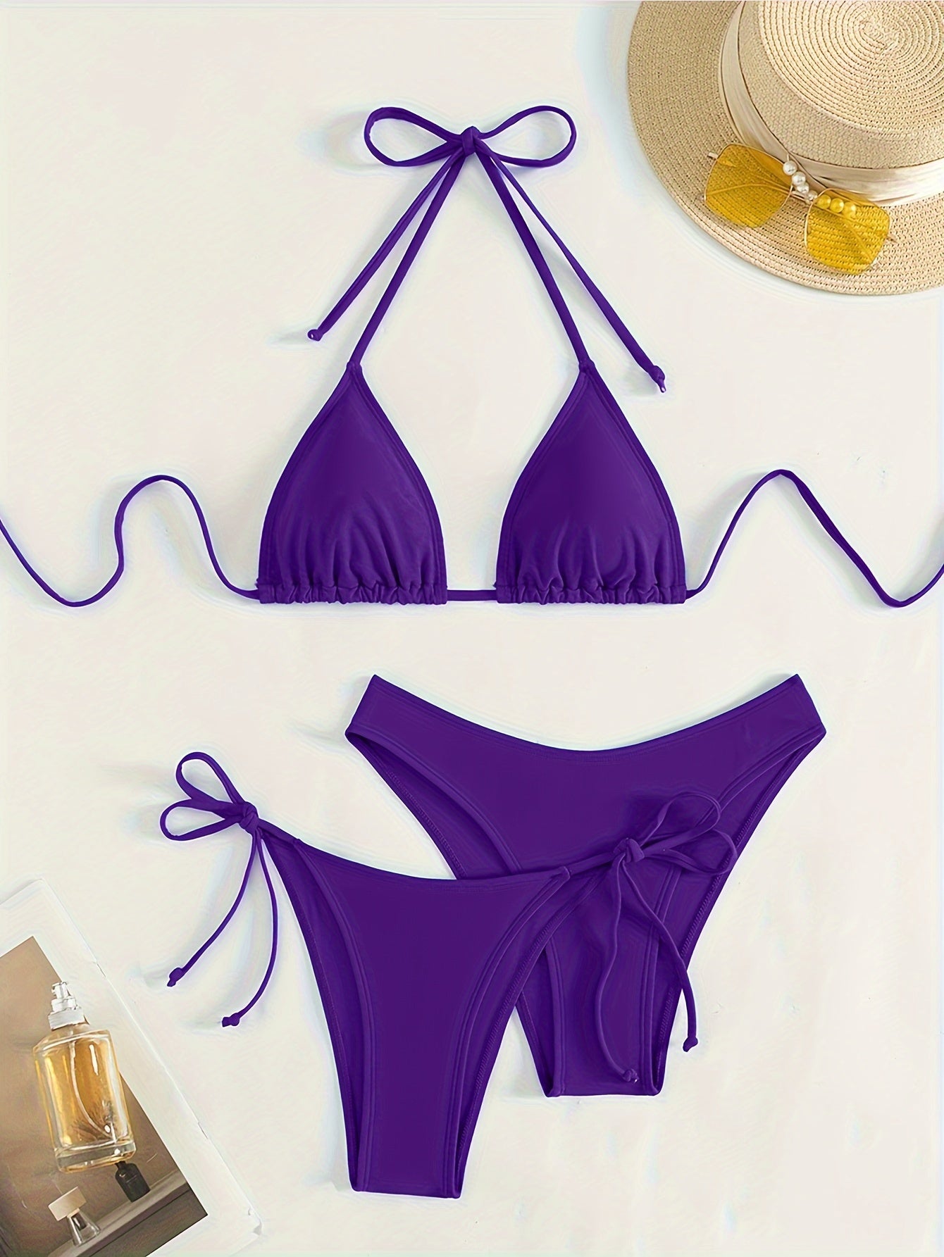Solid Color 3 piece Set Bikini, Halter Neck Backless Swimsuits, Women's Swimwear & Clothing
