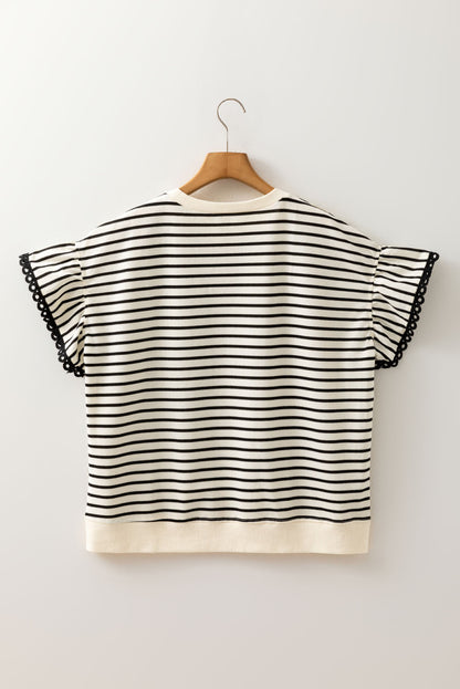Black Stripe Eyelet Trimmed Ruffled Short Sleeve Plus Size Top