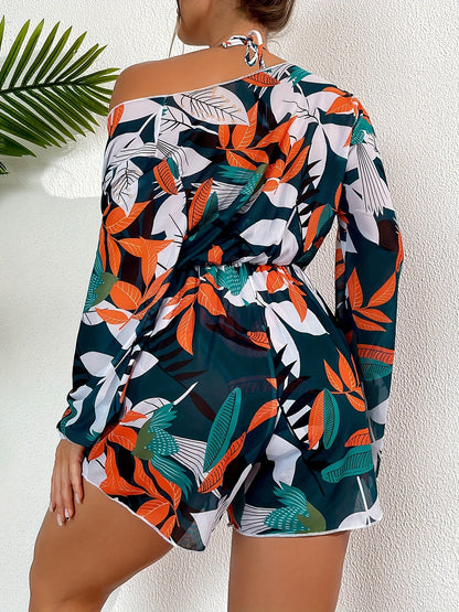 Women's Fashion Bikini Swimwear, Women's Sexy Printed Three-Piece Swimsuit With Cover-Up, Tropical Leaf Design