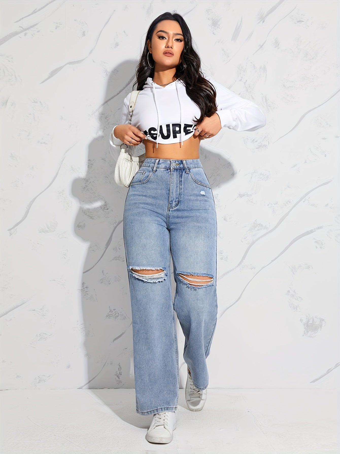 Blue Loose Fit Straight Jeans, Ripped Holes Non-Stretch Distressed Wide Legs Jeans, Women's Denim Jeans & Clothing