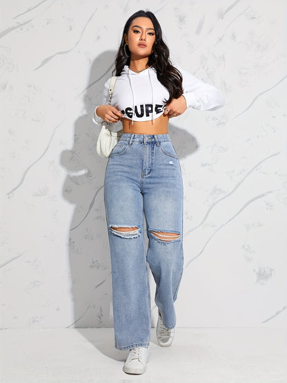 Blue Loose Fit Straight Jeans, Ripped Holes Non-Stretch Distressed Wide Legs Jeans, Women's Denim Jeans & Clothing