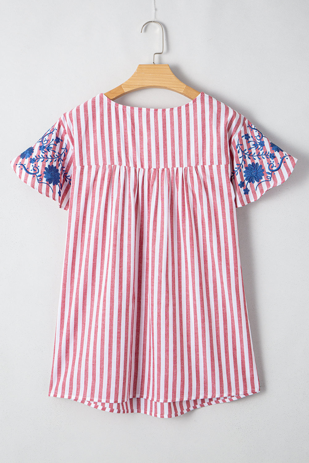 Red Stripe Plus Size Floral Embroidered Petal Sleeve Blouse