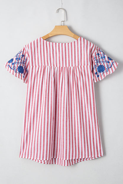 Red Stripe Plus Size Floral Embroidered Petal Sleeve Blouse