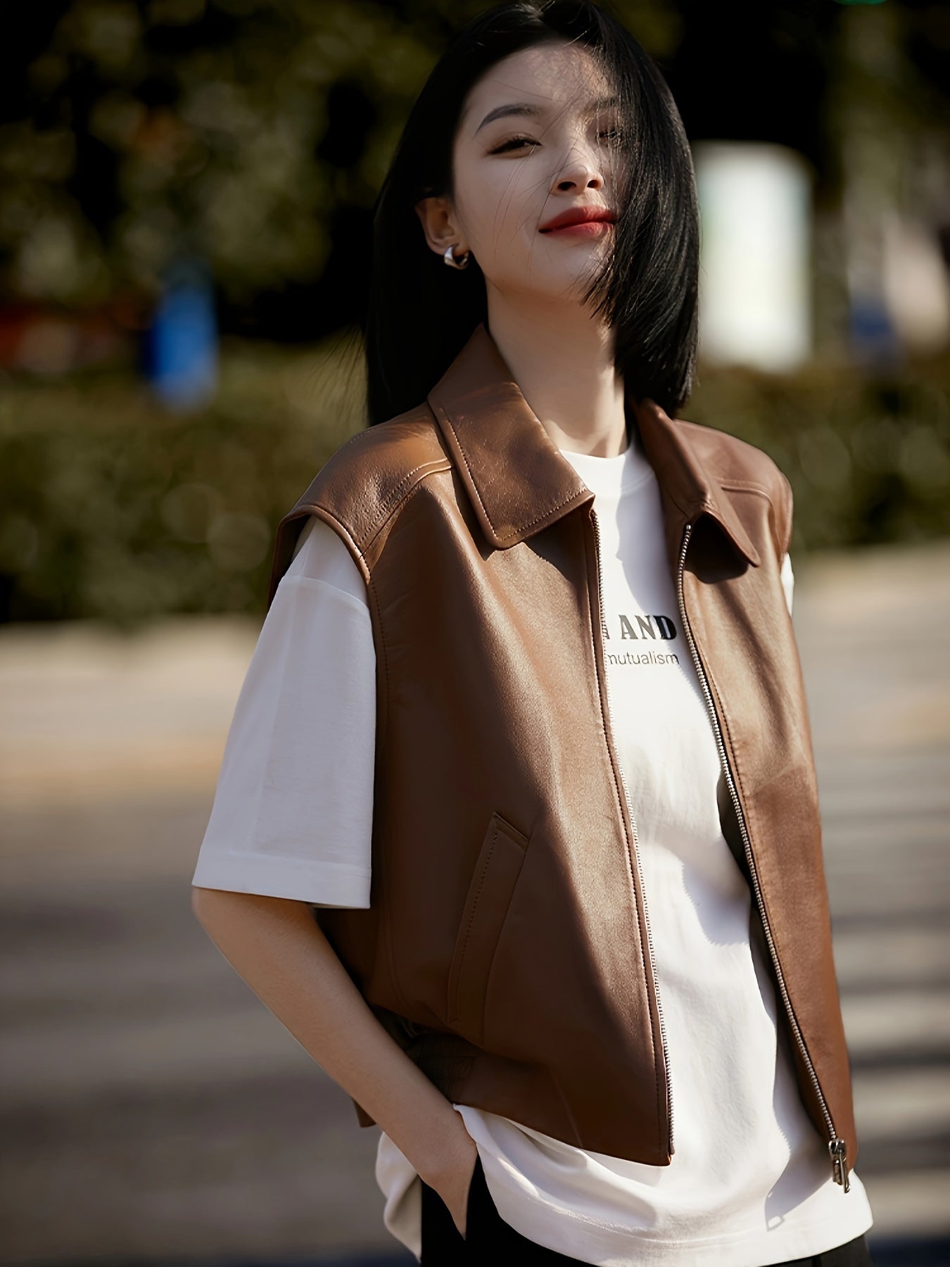 Women's Vintage Style Versatile Genuine Sheepskin Leather Vest, Casual Sleeveless Jacket With Zipper Detail