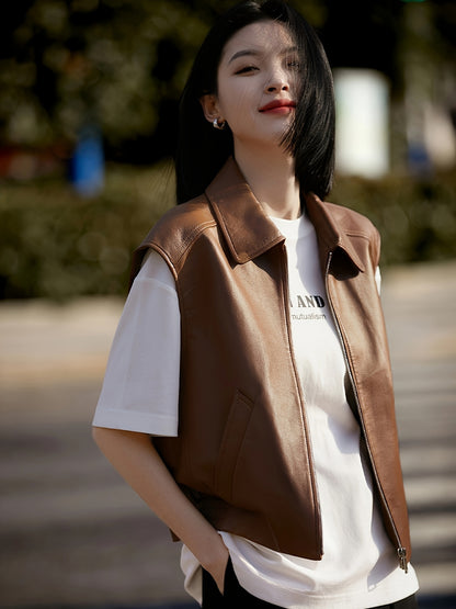 Women's Vintage Style Versatile Genuine Sheepskin Leather Vest, Casual Sleeveless Jacket With Zipper Detail