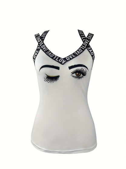 Letter Tape Skull Print Top, Sleeveless Casual Tank Top, Women's Clothing