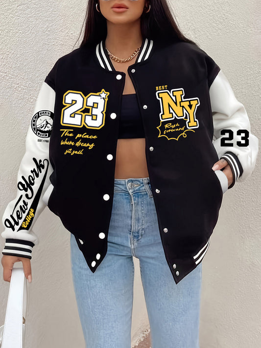 Chic NY-Inspired Women's Varsity Jacket - Elegant Black and White Baseball Uniform Style with Large "58.42cm & NYC Lettering, Striped Accents, Button Closure, Long Sleeves - Perfect for Spring & Autumn Casual Wear