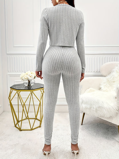 Two-Piece Ribbed Outfit Set - Long Sleeve Button Front Crop Cardigan & Skinny Strapless Jumpsuit - Soft, Stretchy, and Cozy Women's Clothing for Everyday Wear