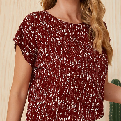 Allover Print Crew Neck Blouse, Elegant Batwing Sleeve Blouse For Spring & Summer, Women's Clothing