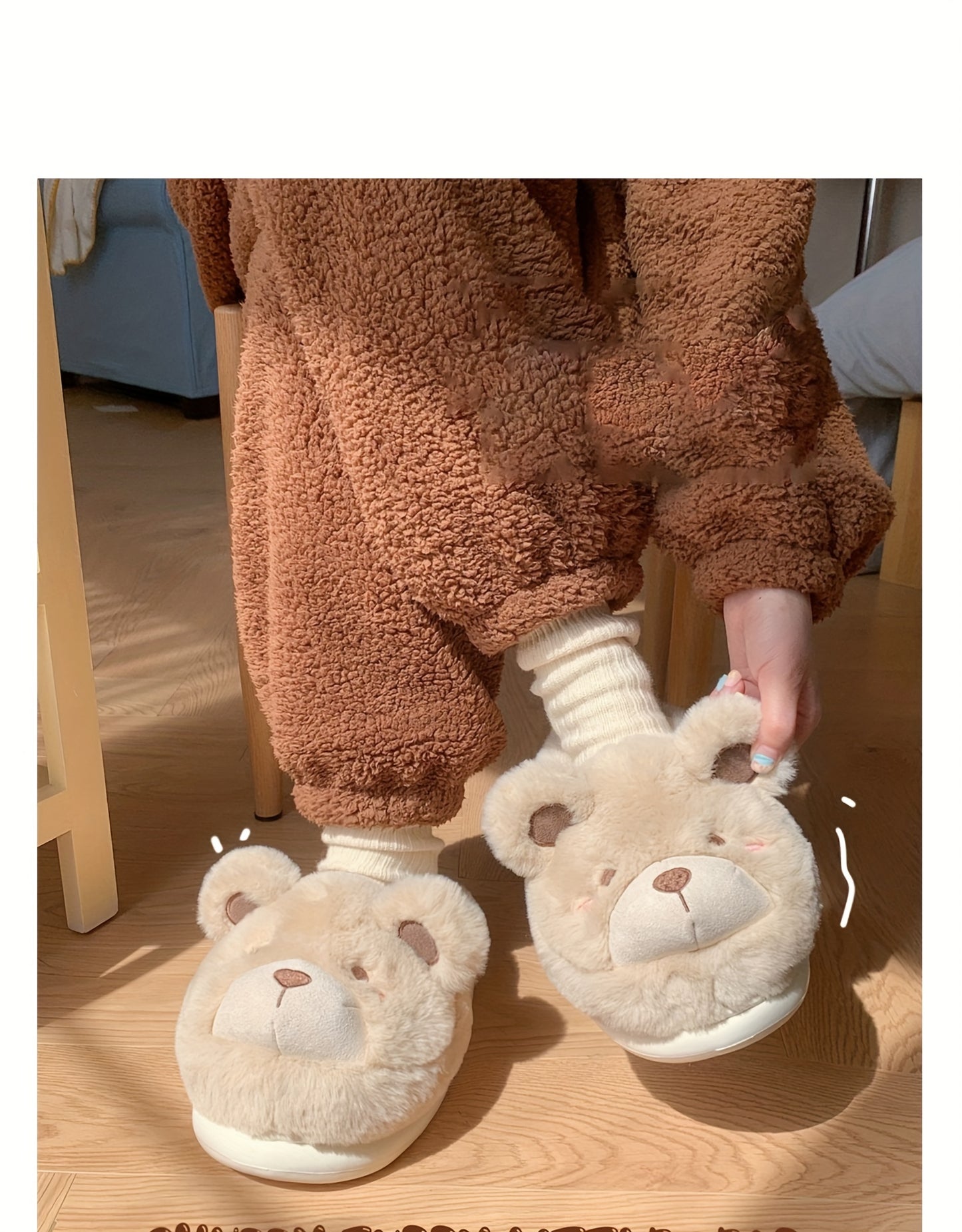XIXITIAO Winter Plush Bear Slippers for Women & Men - Cozy Cover Slip-On Indoor House Shoes with Cute Cartoon Design, Non-Slip EVA Sole, Warm Home Slippers for Cold Floors, Cold Weather Footwear, Playful Footwear, Soft Lining