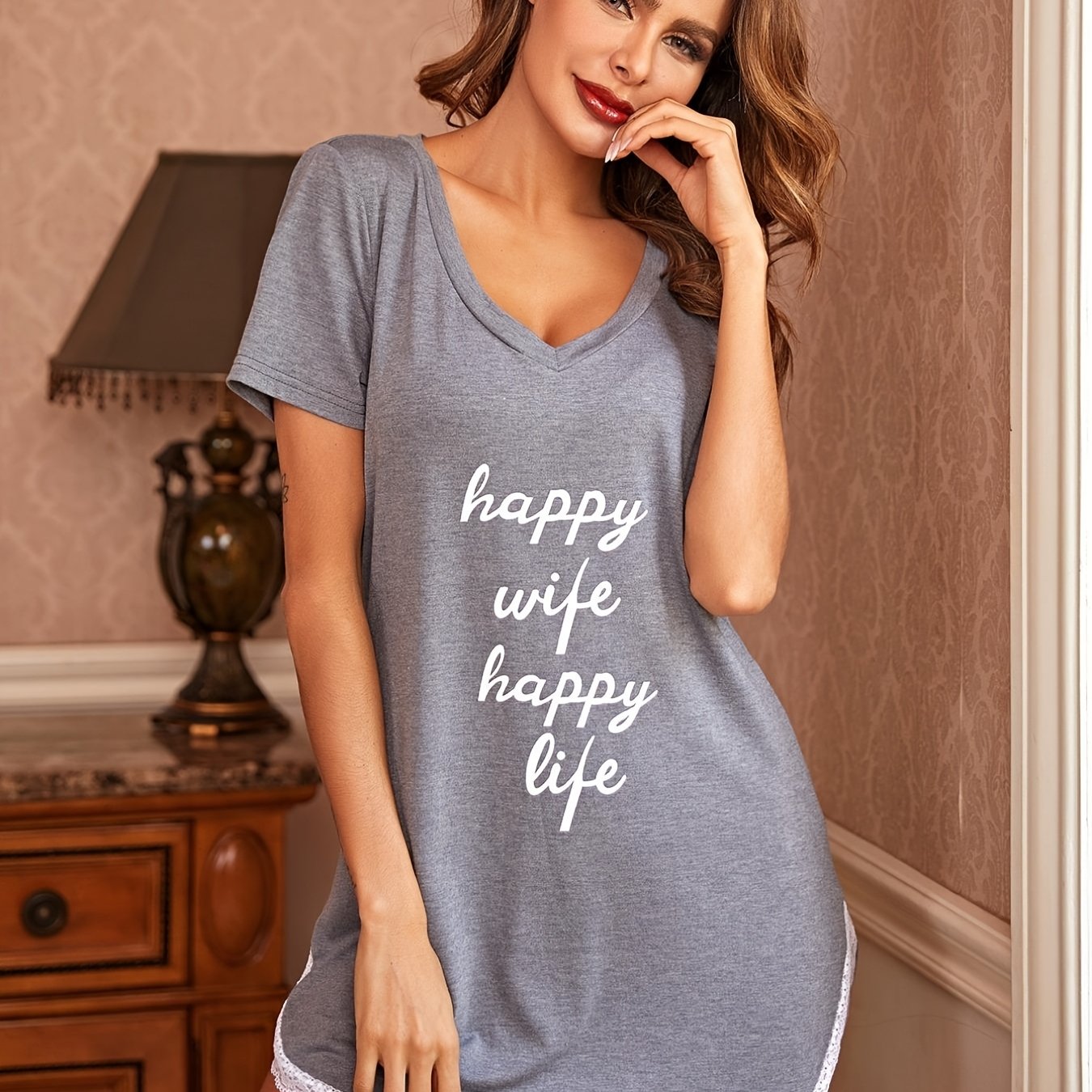 [Sexy Nightgown] Soft Gray V-Neck Nightgown | Women's Sexy Letter Print with Lace Trim - "Happy Wife Happy Life" Design, Comfortable Home Wear, Cozy Sleepwear, Playful Design