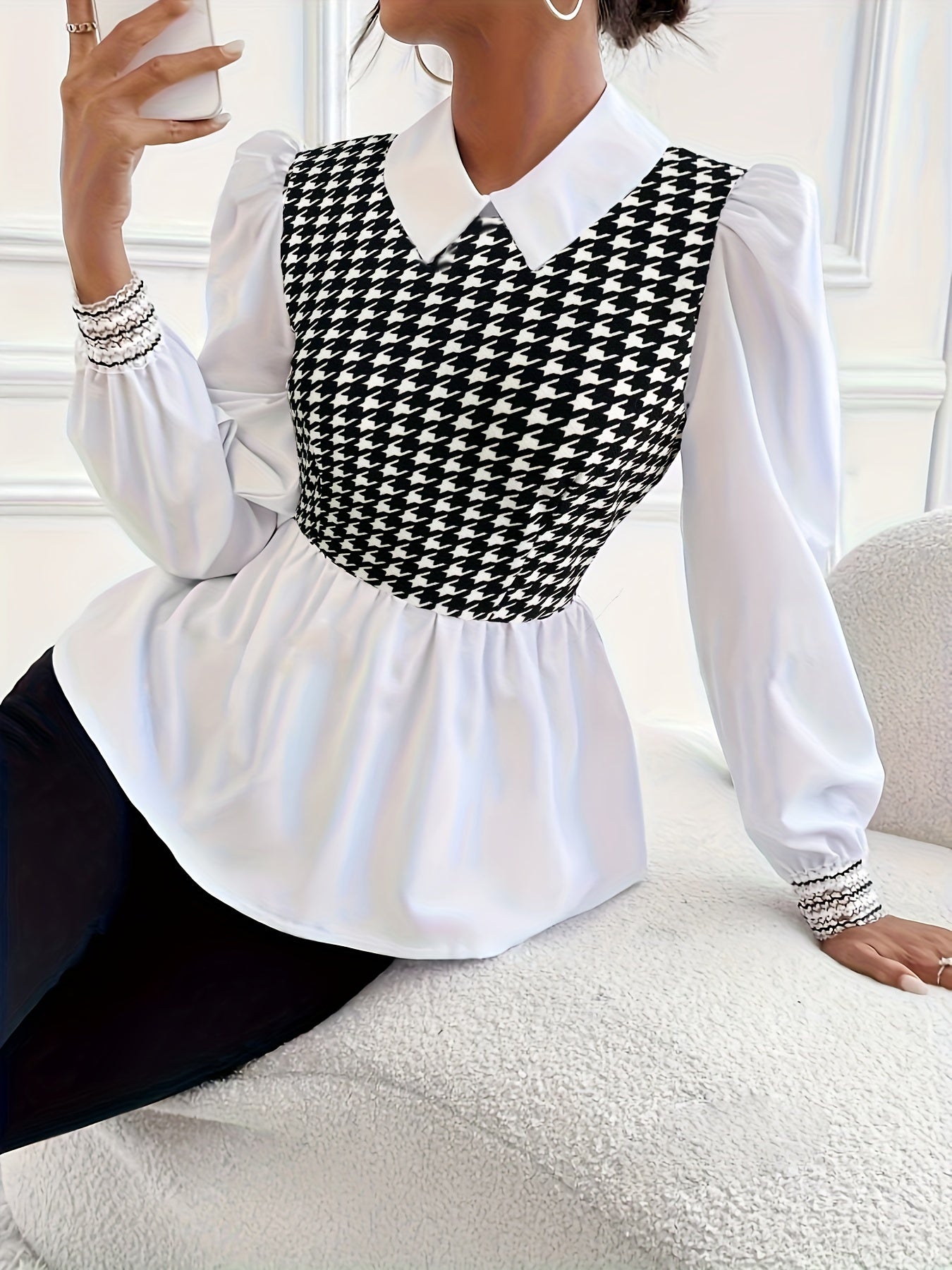 Vibrant Plaid Puff Sleeve Blouse - Elegant Color Block Design, Slim Fit, Comfortable Wear for Spring & Fall Seasons - Womens Stylish Clothing for Everyday Wear
