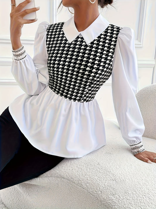 Vibrant Plaid Puff Sleeve Blouse - Elegant Color Block Design, Slim Fit, Comfortable Wear for Spring & Fall Seasons - Womens Stylish Clothing for Everyday Wear