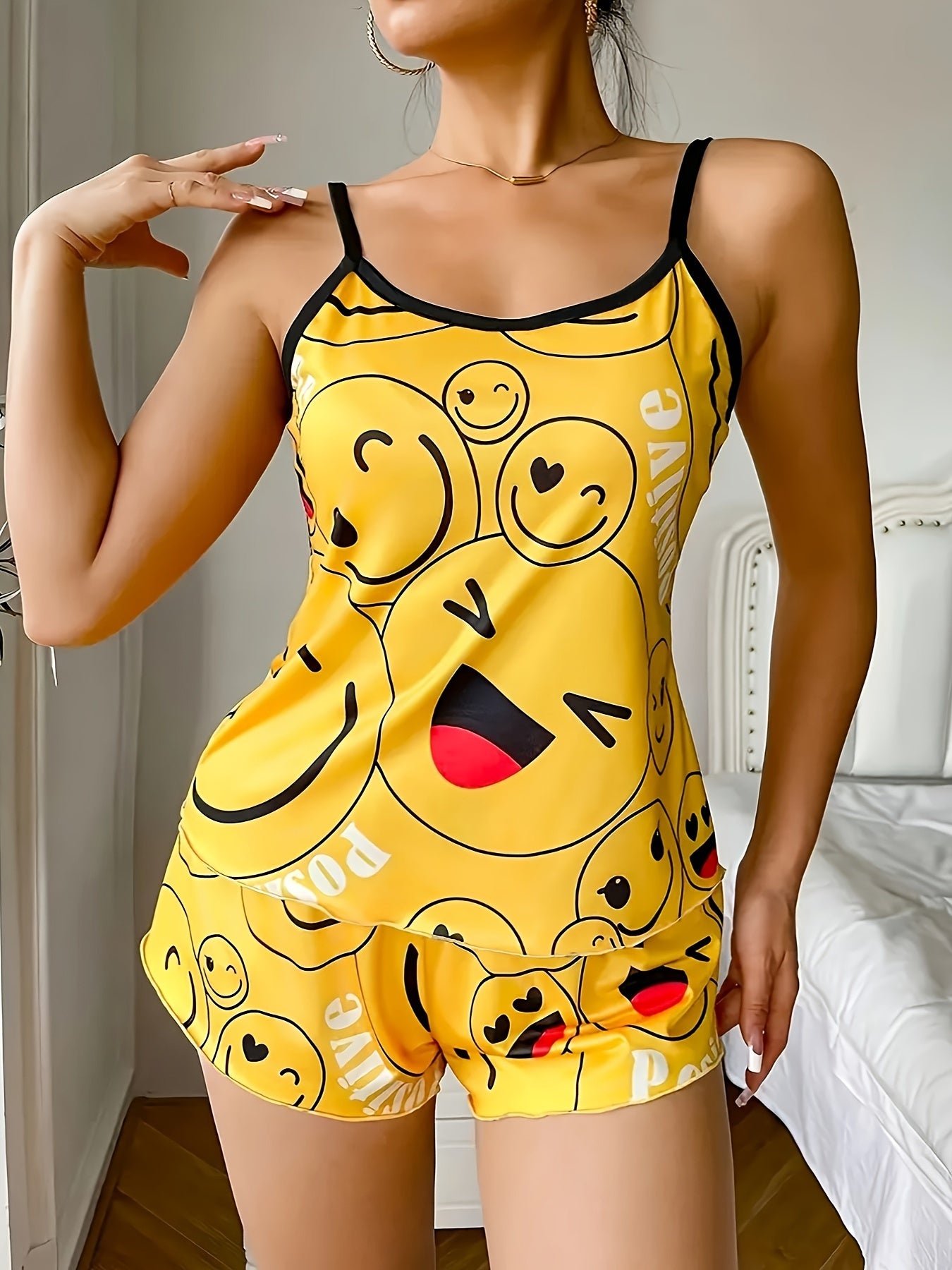 Cozy Women's Smiling Face Print Pajama Set - Soft Round Neck Backless Cami Top & Shorts, Comfortable Relaxed Fit for a Peaceful Sleep, Breathable Fabric, and Vibrant Colors