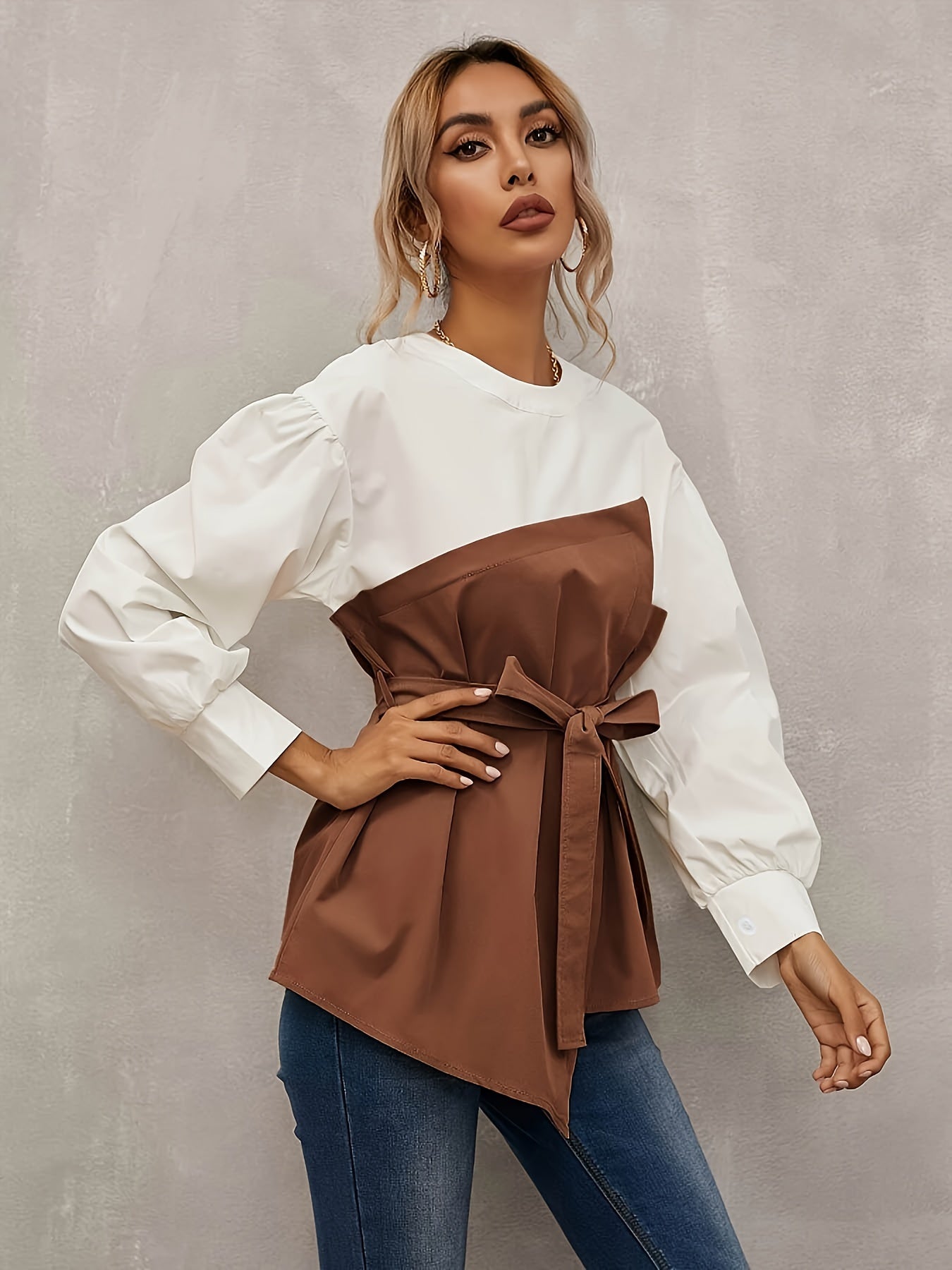 Chic Color Block Long Sleeve Blouse for Women - Polyester, Machine Washable, Non-Sheer - Perfect for Spring & Fall