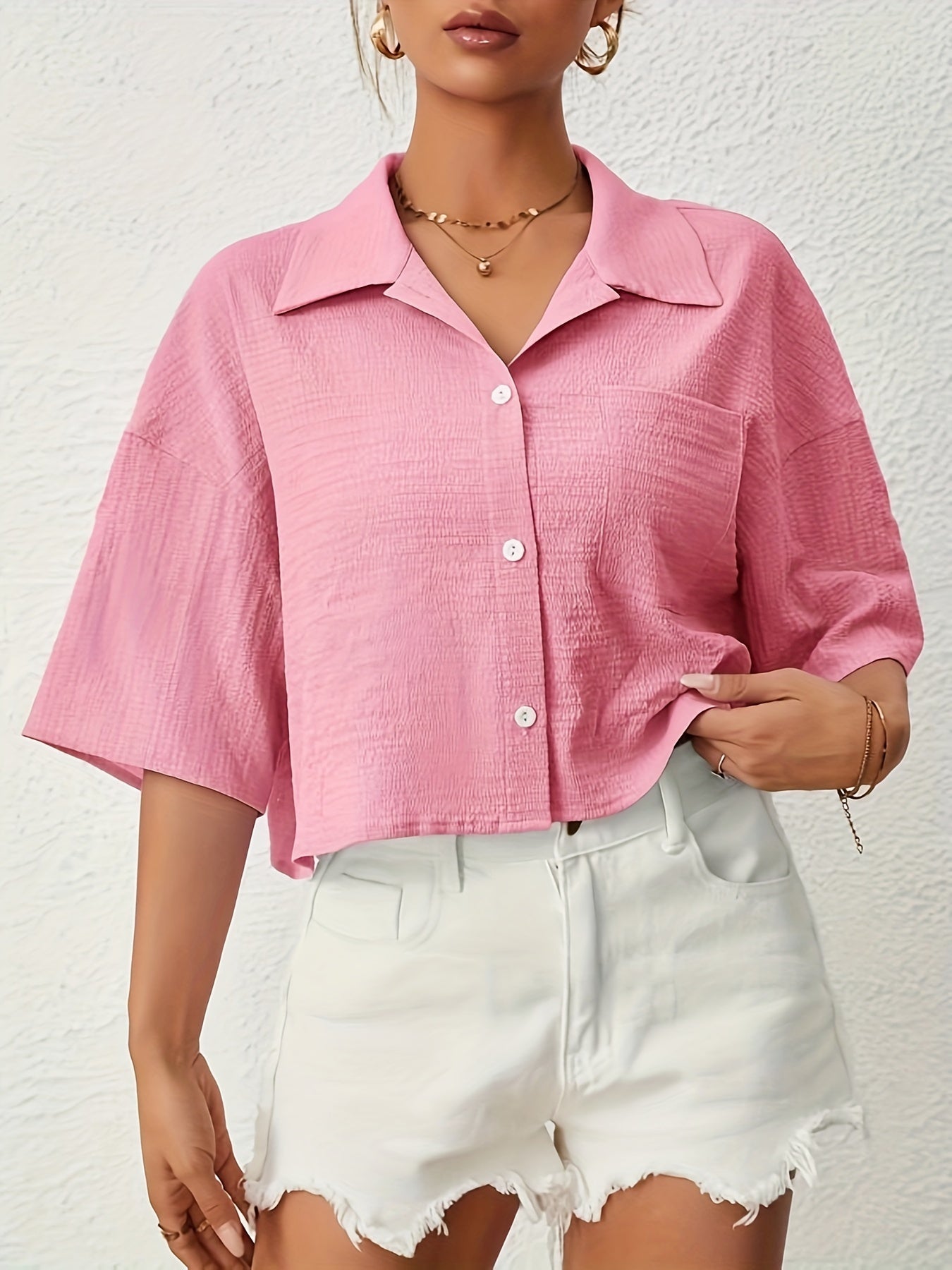 Button Front Crop Blouse, Casual Short Sleeve Blouse For Spring & Summer, Women's Clothing