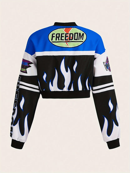 Trendy Letter Print Zipper Drop Shoulder Crop Jacket - Comfortable Long Sleeve Casual Wear for Spring & Fall - Womens Fashion Essential