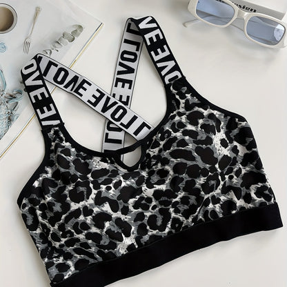 Women's Leopard Print Sports Bra, Athletic Supportive Crop Top, Breathable Gym Workout Underwear with Elastic "LOVE" Strap