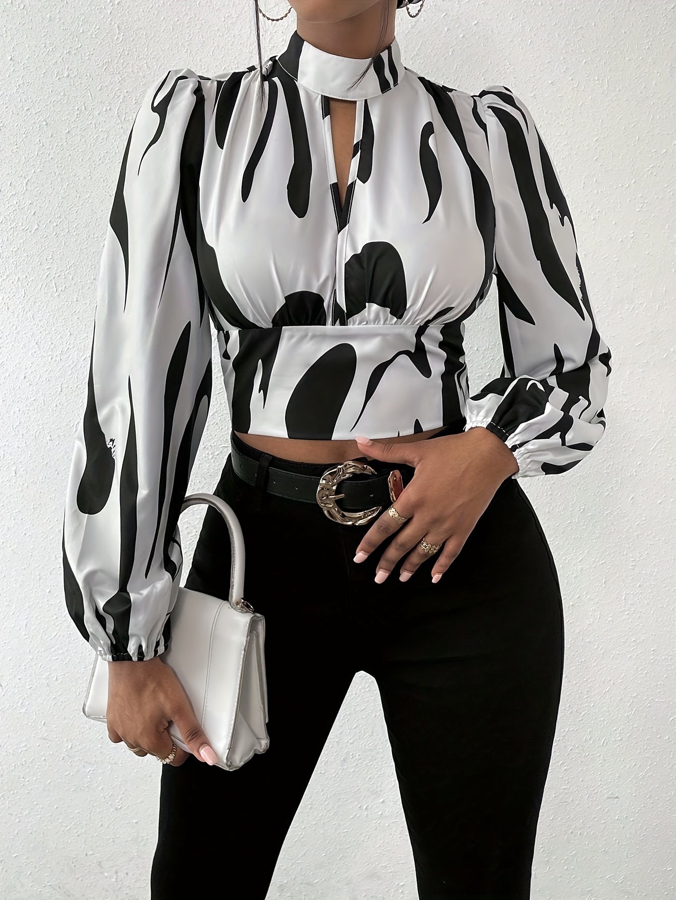 Graphic Print Mock Neck Crop Blouse, Elegant Long Sleeve Cut Out Shirred Blouse, Women's Clothing