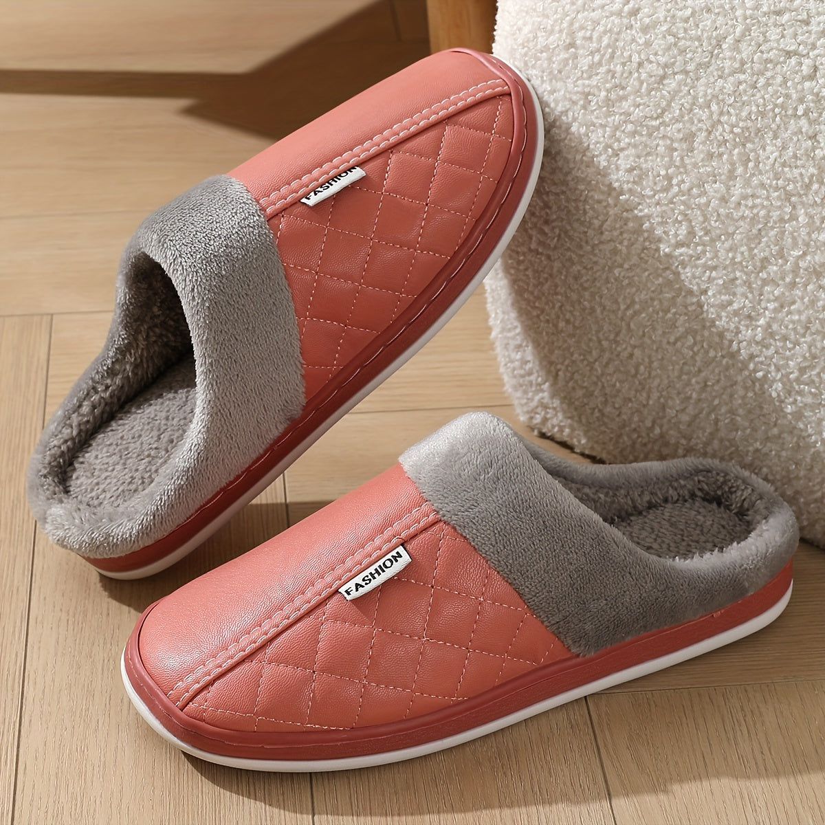 [Cozy Plush Slippers] Warm Cozy Plush Home Slippers for Men and Women | Faux Fur Lined, Durable TPR Sole, Quilted Design, Indoor/Outdoor Use, Available in Navy Blue, Red, Pink, and Gray