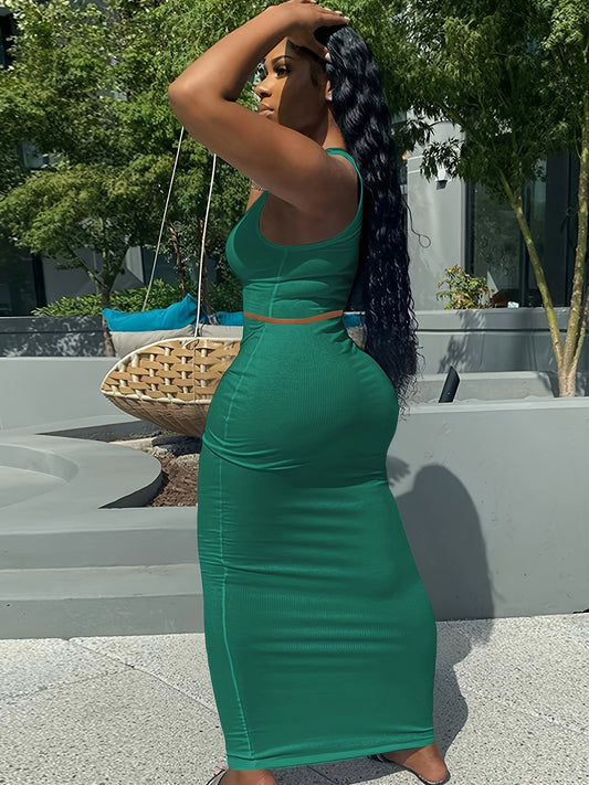 Trendy Two-Piece Set - Sexy Scoop Neck Sleeveless Tank Top & Flowy Bag Hip Maxi Skirt Outfit - Comfortable, Versatile, and Chic Women's Clothing for Everyday Wear