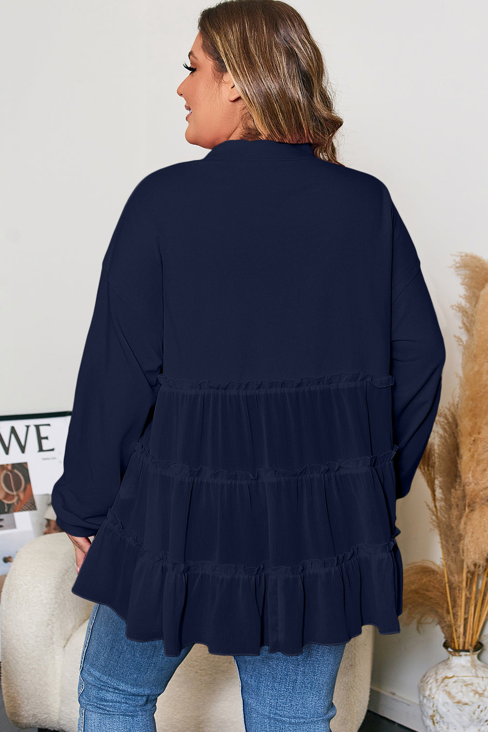 Navy Blue Tiered Ruffle Ribbed Crew Neck Pullover Plus Size Top