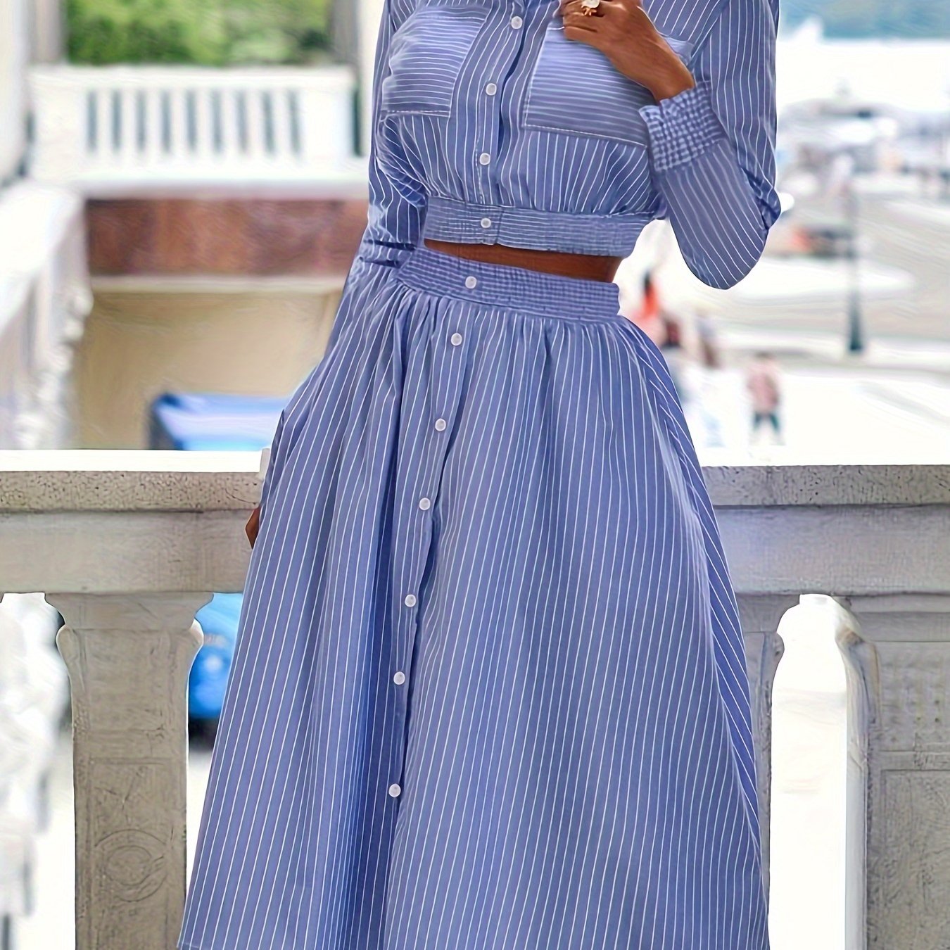 Casual Meets Elegance: Stripe-Print Crop Top & Ruffled Swing Skirt Set - Easy Maintenance, Ideal for Spring/Summer