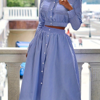 Casual Meets Elegance: Stripe-Print Crop Top & Ruffled Swing Skirt Set - Easy Maintenance, Ideal for Spring/Summer