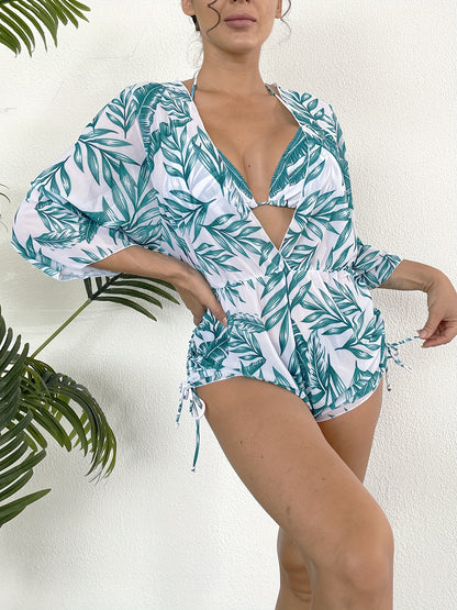 3-Piece Leaf Plant Print Bikini Sets, Triangle Halter Neck High Cut With Sheer Cover Up Drawstring Overall Swimsuit, Women's Swimwear & Clothing for Koningsdag/King's Day
