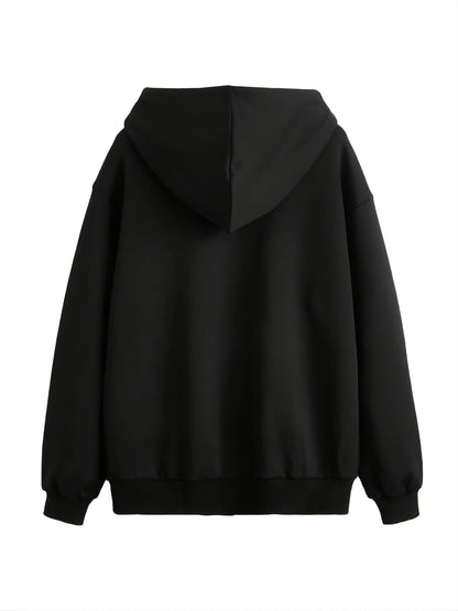 Heart Graphic Long Sleeve Zip Up Drawstring Hoodie, Stylish Pockets Loose Letter Print Sweatshirt, Women's Clothing