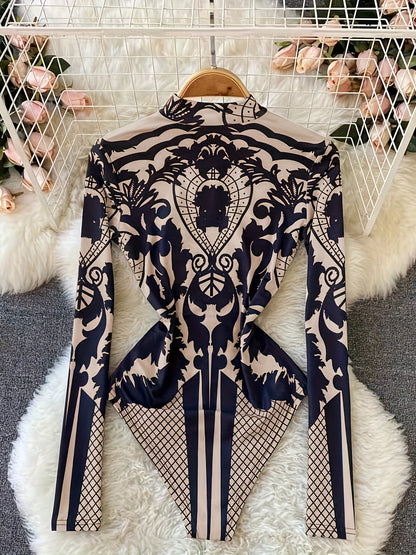 Women'S Tropical Print Bodysuit with Rhinestone Detail - Slim Fit, Stand Collar, Long Sleeve, All-Season Versatile Jumpsuit for Casual or Stylish Outfits, Stylish Outfit Bodysuit | Stand Collar Top | Polyester Fabric, Bodysui