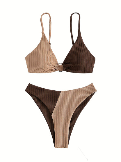 Women'S Sexy Striped High-Slit Bikini Set, V-Neck Knit Fabric Swimwear, Polyester 82% & Elastane 18%, Solid Color, Slight Stretch, Sleeveless, 220gsm - Summer Beachwear