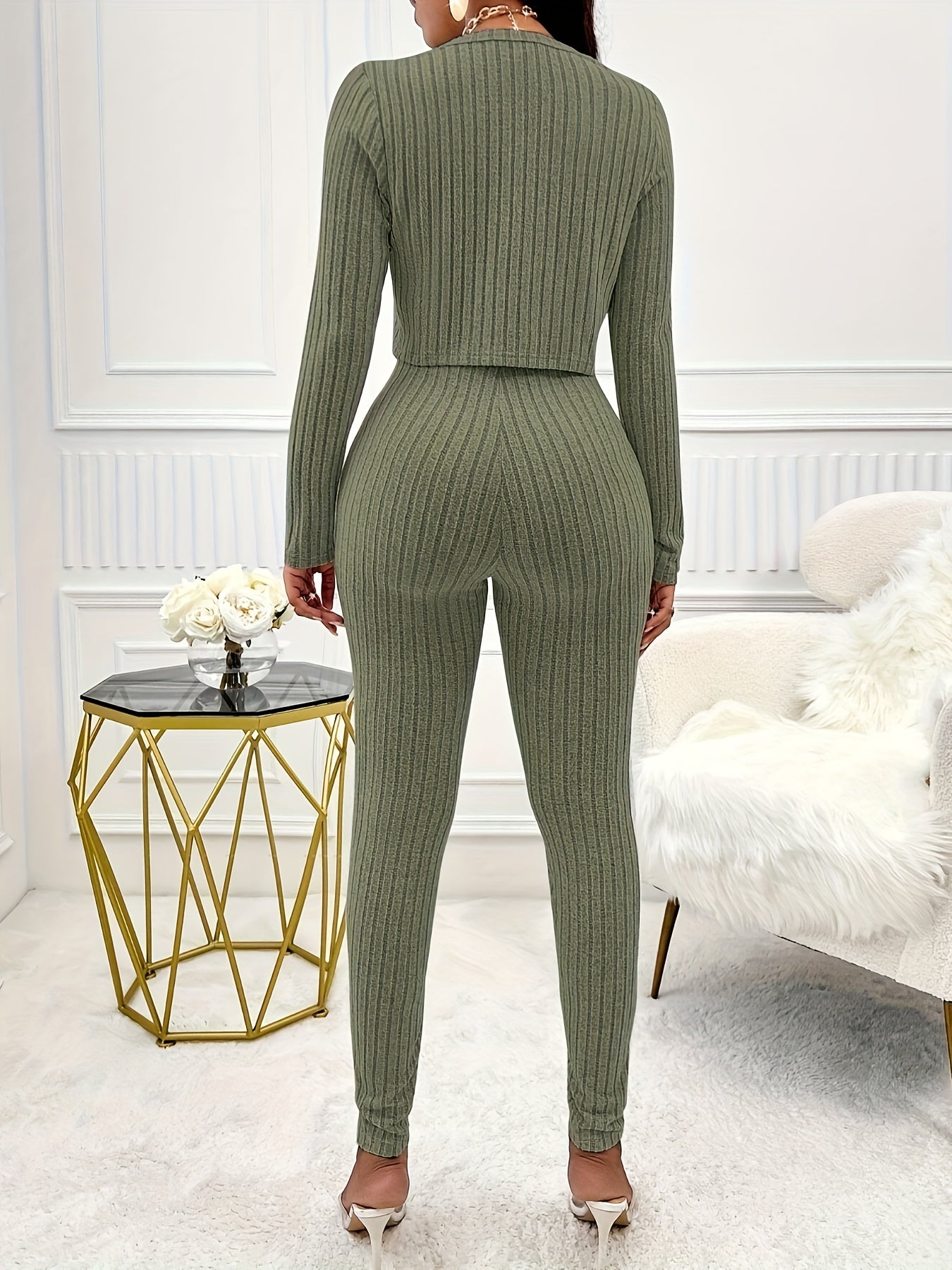 Two-Piece Ribbed Outfit Set - Long Sleeve Button Front Crop Cardigan & Skinny Strapless Jumpsuit - Soft, Stretchy, and Cozy Women's Clothing for Everyday Wear