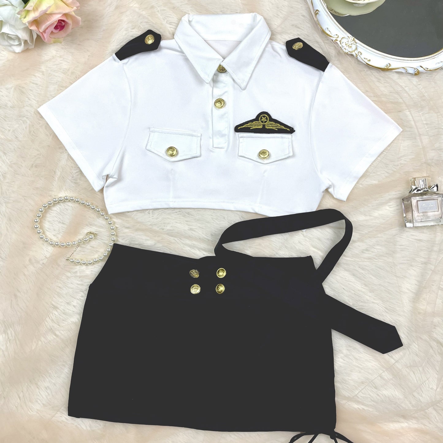 Naughty Policewoman Cosplay Costume, Short Sleeve Buttons Lapel Collar Crop Top & Side Tie Ruched Mini Skirt, Women's Sexy Lingerie & Underwear