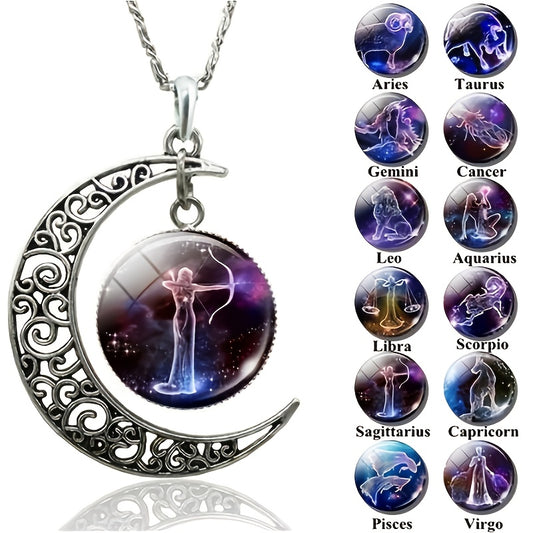 Twelve Zodiac Constellations Moon Phase Necklace - Timeless Gemstone Pendant with Adjustable Chain - Unique Personality Jewelry and Birthday Gift Idea for Women and Girls