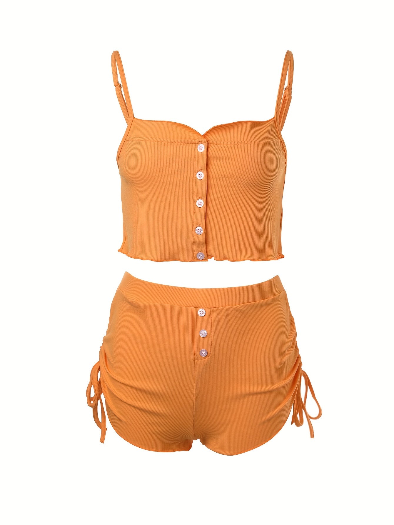 Simple Solid Print Lounge Set, Buttons Cami Top & Drawstring Shorts, Women's Loungewear & Sleepwear Koningsdag/King's Day