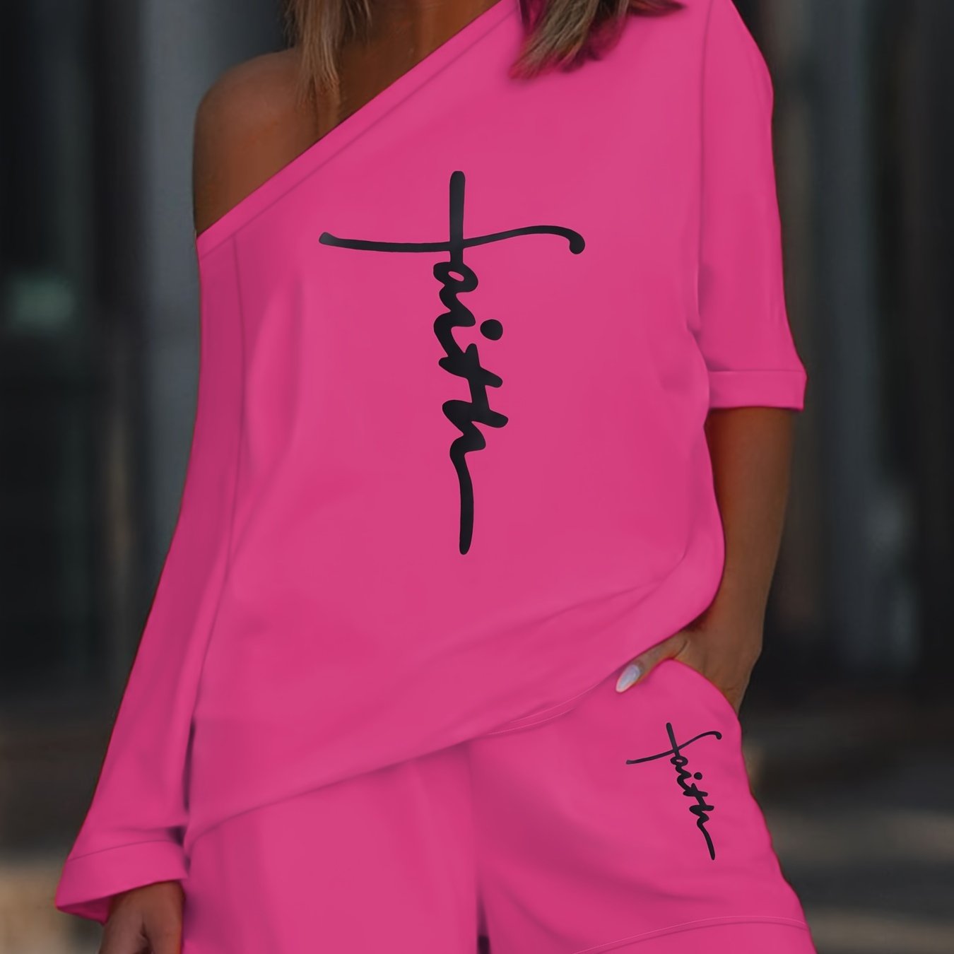 Chic Faith Printed Women's 2-Piece Set – Off-Shoulder Tee & Comfy Drawstring Shorts for Casual Wear