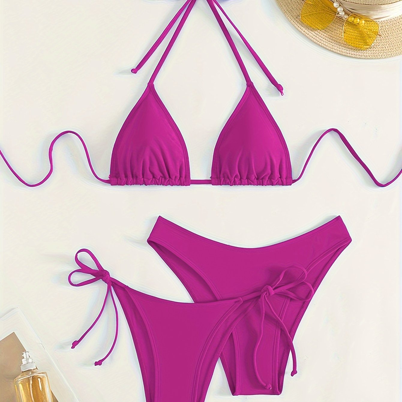 Solid Color 3 piece Set Bikini, Halter Neck Backless Swimsuits, Women's Swimwear & Clothing