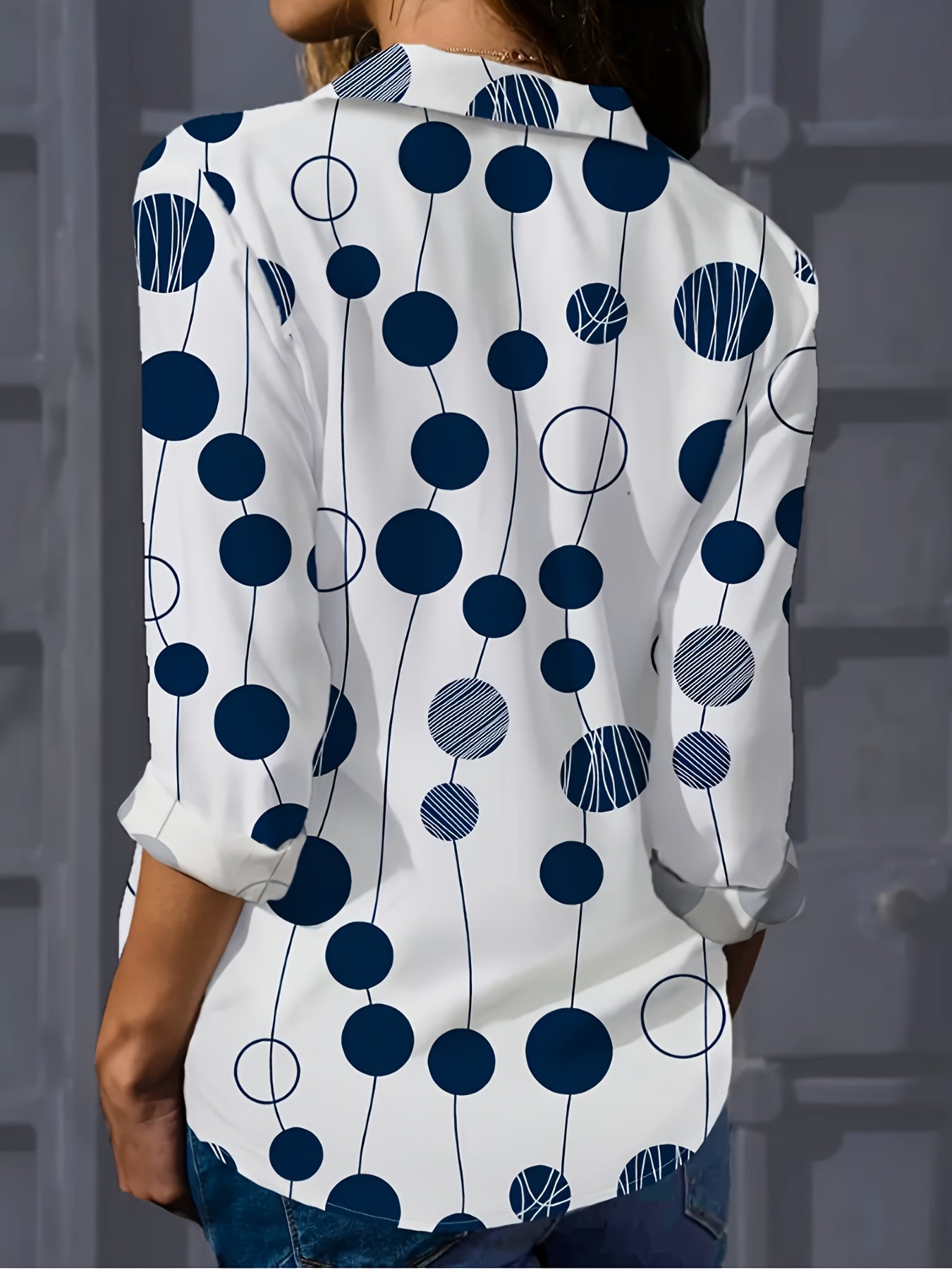 Print Women's Navy Blue & White Polka Dot Shirt - Long Sleeve Button-Up Collared Blouse, Regular Fit Machine Washable All-Season Top for Casual & Formal Wear, Office Attire, Classic Style, Durable Material, Buttonup Blouse, P