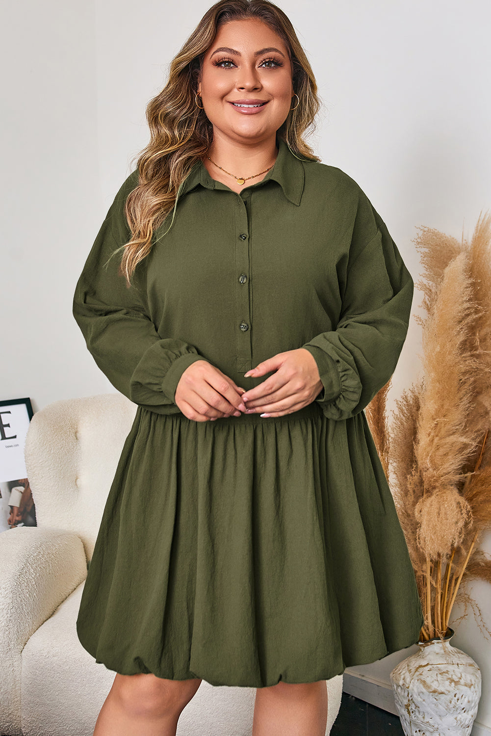 Four Leaf Clover Plus Size Collar Half Button Long Sleeve Ruffle Hem Mini Dress
