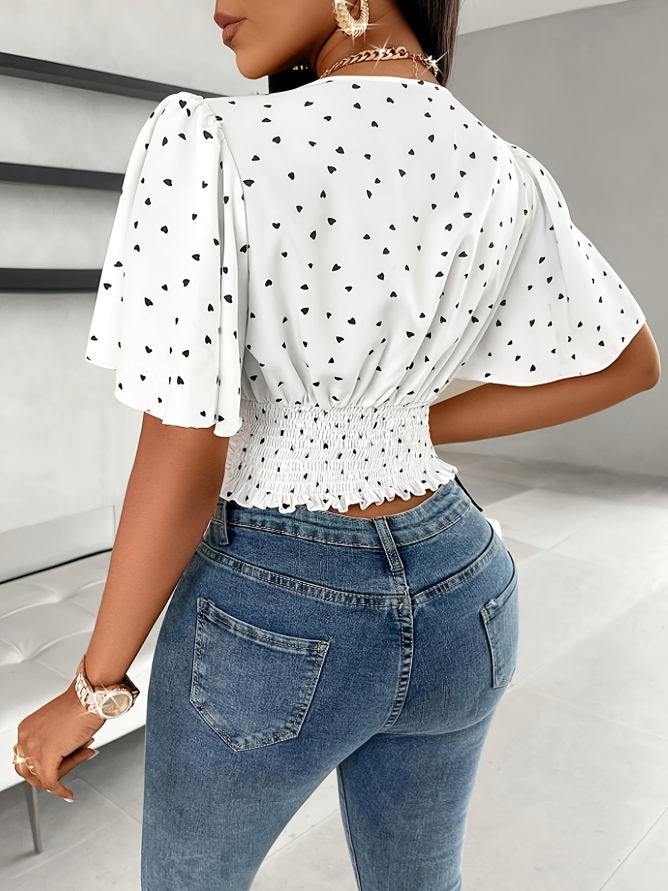 Heart Print V-neck Tucked Blouse, Elegant Flutter Sleeve Slim Blouse For Spring & Summer, Women's Clothing