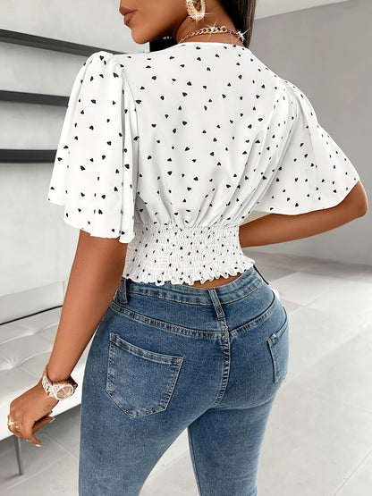 Heart Print V-neck Tucked Blouse, Elegant Flutter Sleeve Slim Blouse For Spring & Summer, Women's Clothing