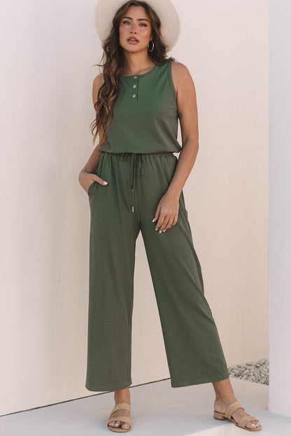 Vineyard Green Buttoned Drawstring Elastic Waistband Sleeveless Wide Leg Jumpsuit