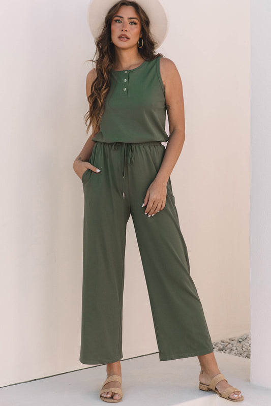 Vineyard Green Buttoned Drawstring Elastic Waistband Sleeveless Wide Leg Jumpsuit