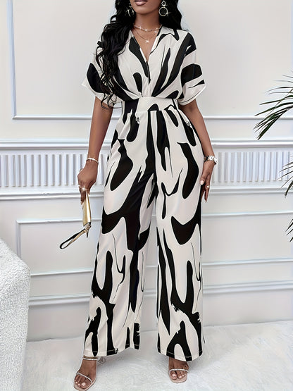 Chic V-Neck Jumpsuit - Allover Print, Short Sleeve, Wide-Leg Design for Sophisticated Casual Wear
