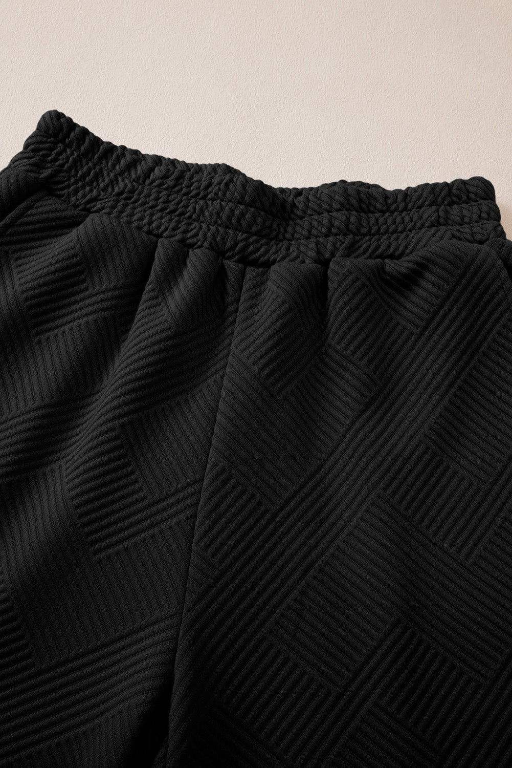 Black Solid Textured Collared V Neck Top and Wide Leg Pants Set