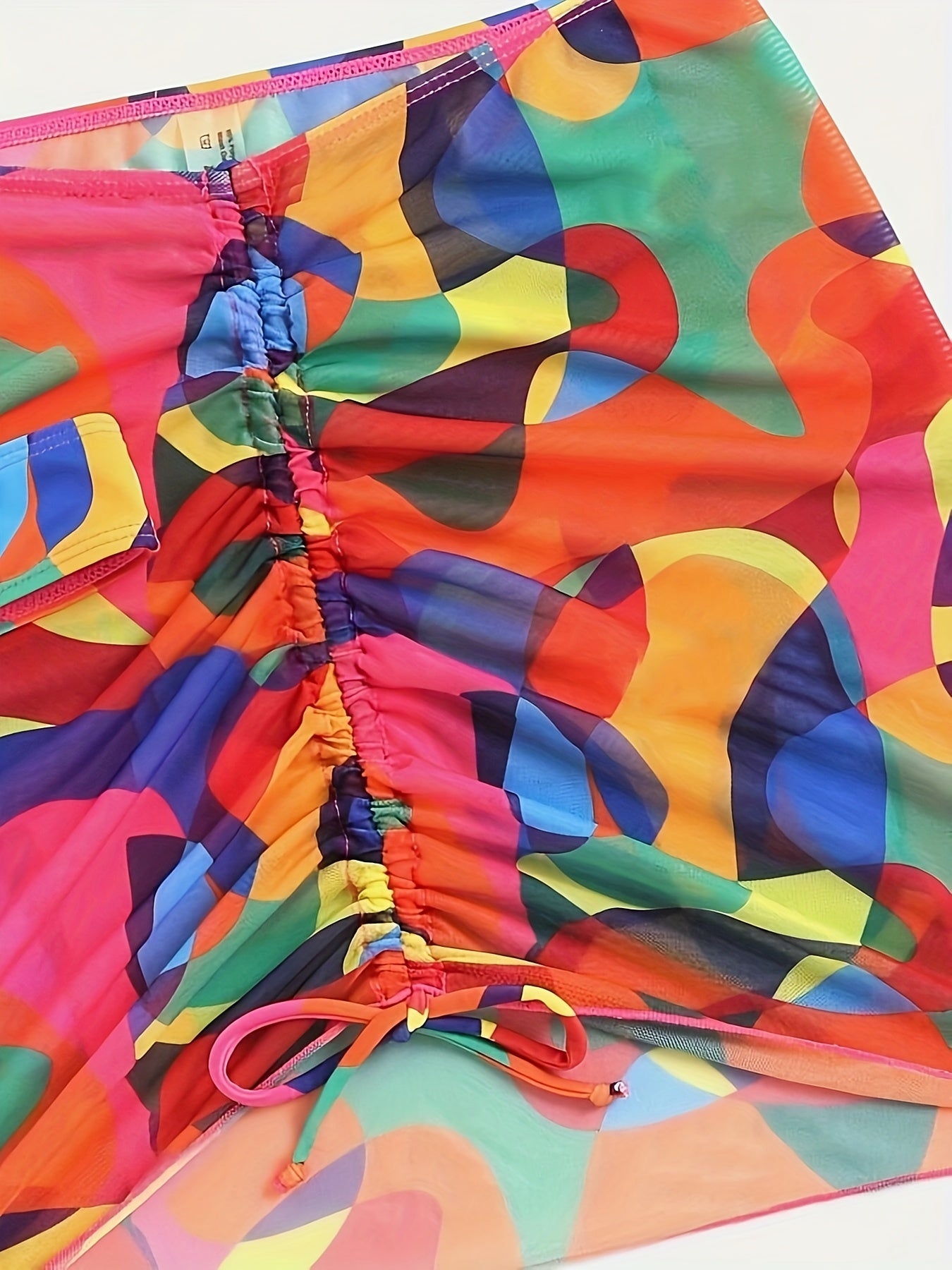 1set Women'S Geometric-Patterned Bikini Set, High Stretch Polyester Knit Fabric, 82% Polyester 18% Elastane, Colorful Printed Two-Piece Swimsuit with Lace-Up Detail